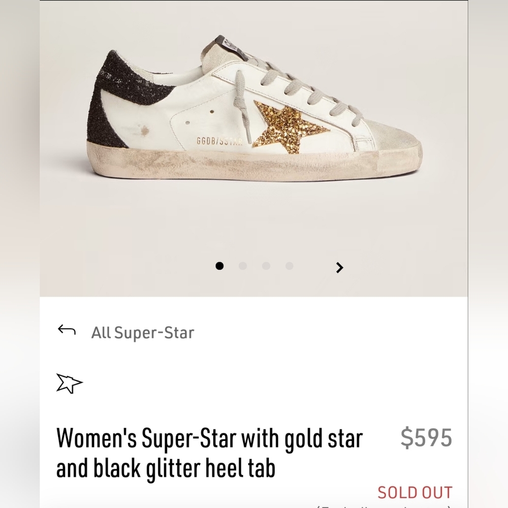 Women's Super-Star with gold star and black glitter heel tab$595